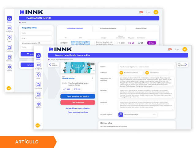 Imagen de portada para artículo que muestra la interfaz de evaluación de ideas de INNK, con formularios de desafíos de innovación y una etiqueta naranja de ARTÍCULO en la esquina inferior izquierda.